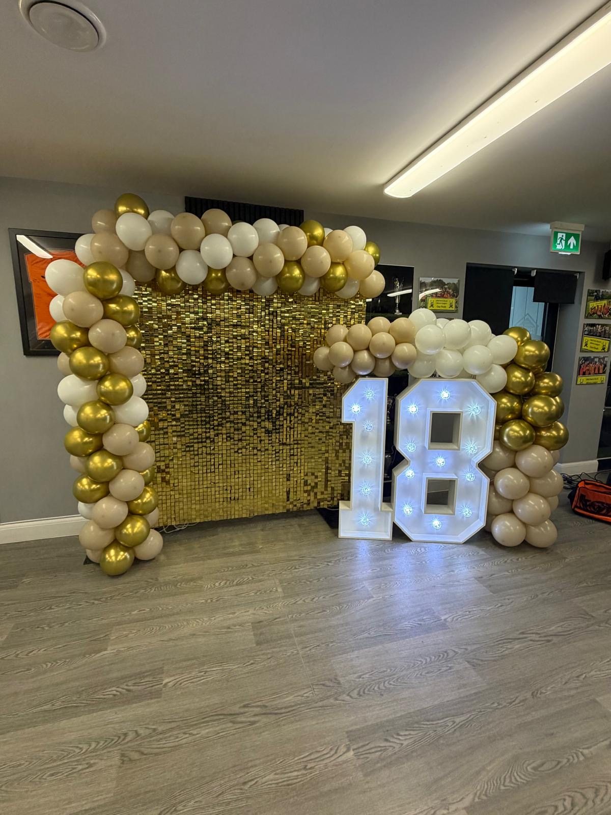 Real gold sequin wall and balloon arch with light-up 18