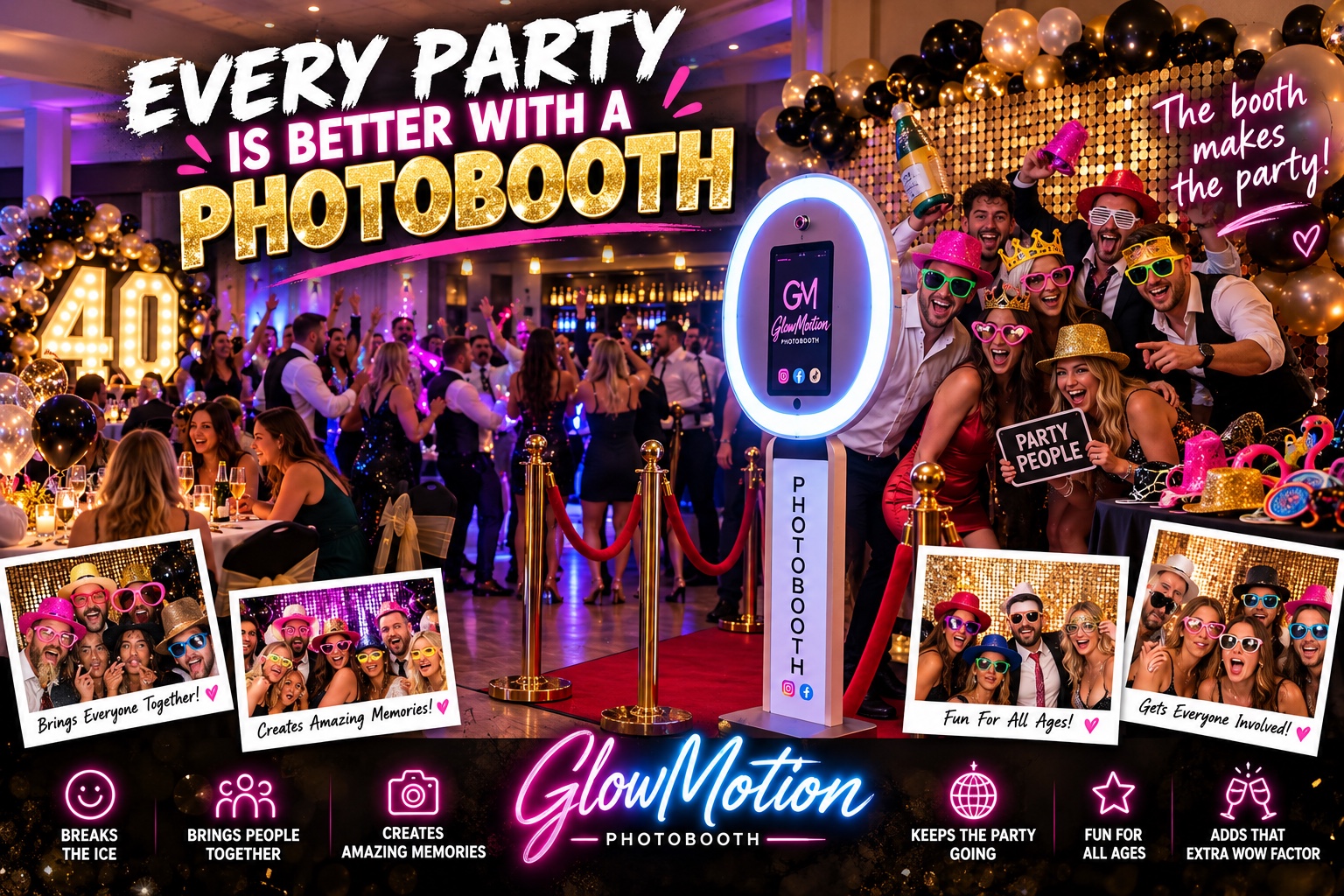 GlowMotion photobooth party advertisement — AI illustration